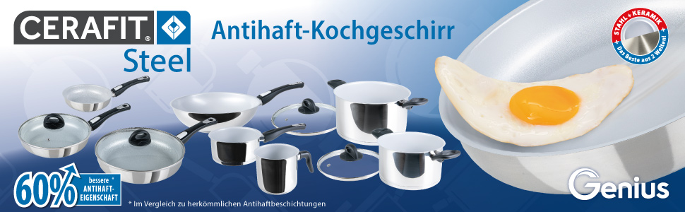 Набір сковорідок Genius Cerafit Steel: 5 штук з керамічним покриттям (20, 24, 28 см) + скляна кришка. Підходять для всіх плит, включаючи індукційні.