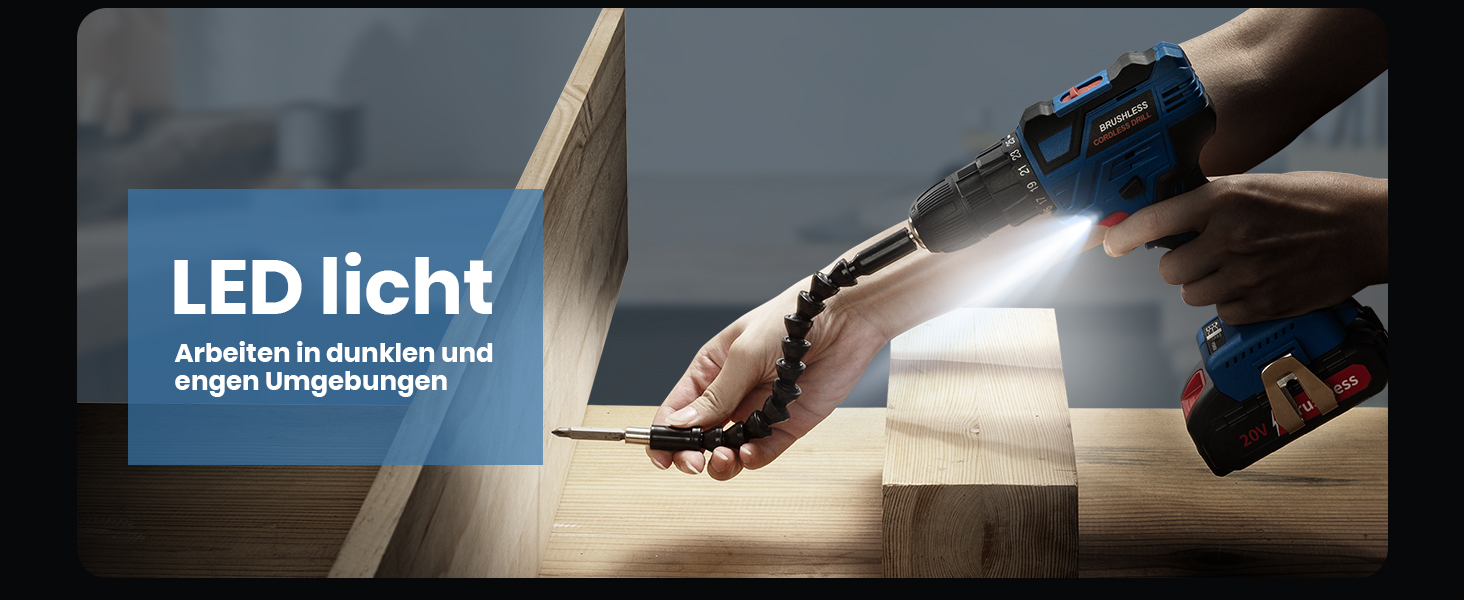 Акумуляторний дриль-шуруповерт 20V Brushless з набором інструментів (2 акумулятори 2.0Ah), 60Nm, 25+1 ступенів, LED-ліхтар, 10 мм патрон, 2 швидкості, для ремонту та DIY, синій