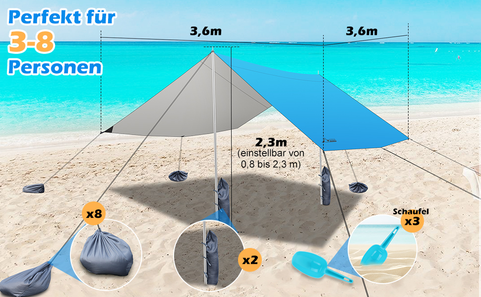 Намет WADEO для кемпінгу, водонепроникний, 4x3 м, з тентром та аксесуарами, ультралегкий, для відпочинку на природі - Хакі (3,6м x 3,6м, Синій)