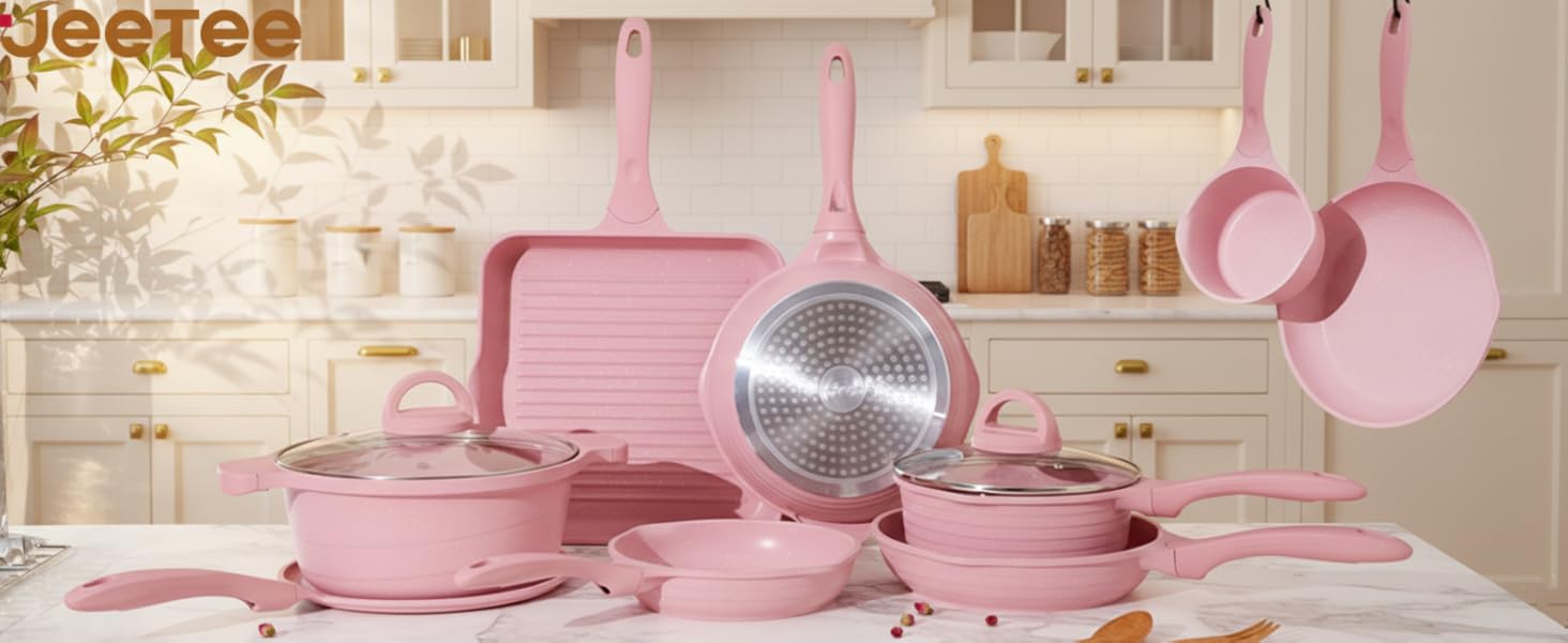 Набір посуду JEETEE 23 шт. з антипригарним гранітним покриттям, для всіх плит (індукція), з кришками, рожевий (ідеально як подарунок на новосілля)