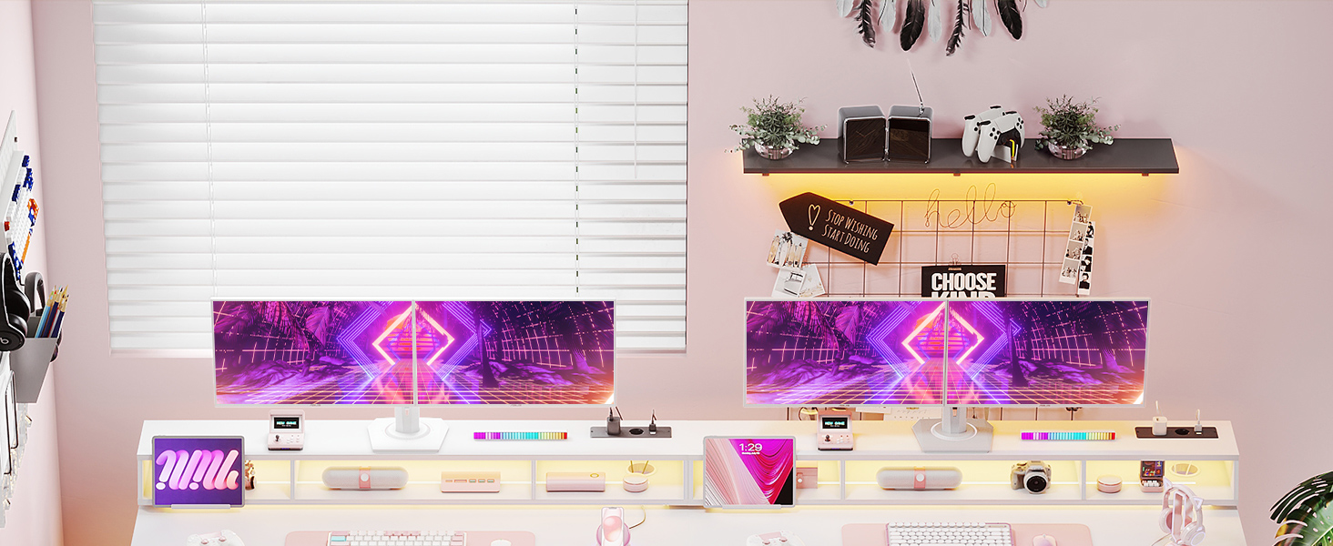 Офісний стіл для геймінгу OffiGo, 140 см, регульована висота, RGB LED, розетки, 3 полиці, тримач для напоїв та навушників, поверхня з карбону, білий