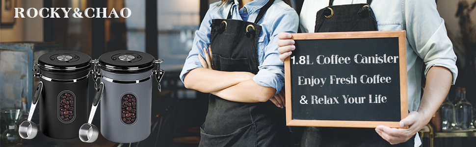 Контейнер для кави Rocky & Chao з нержавіючої сталі 1.8L, герметичний, з вікном, для кавових зерен, чаю, горіхів, какао