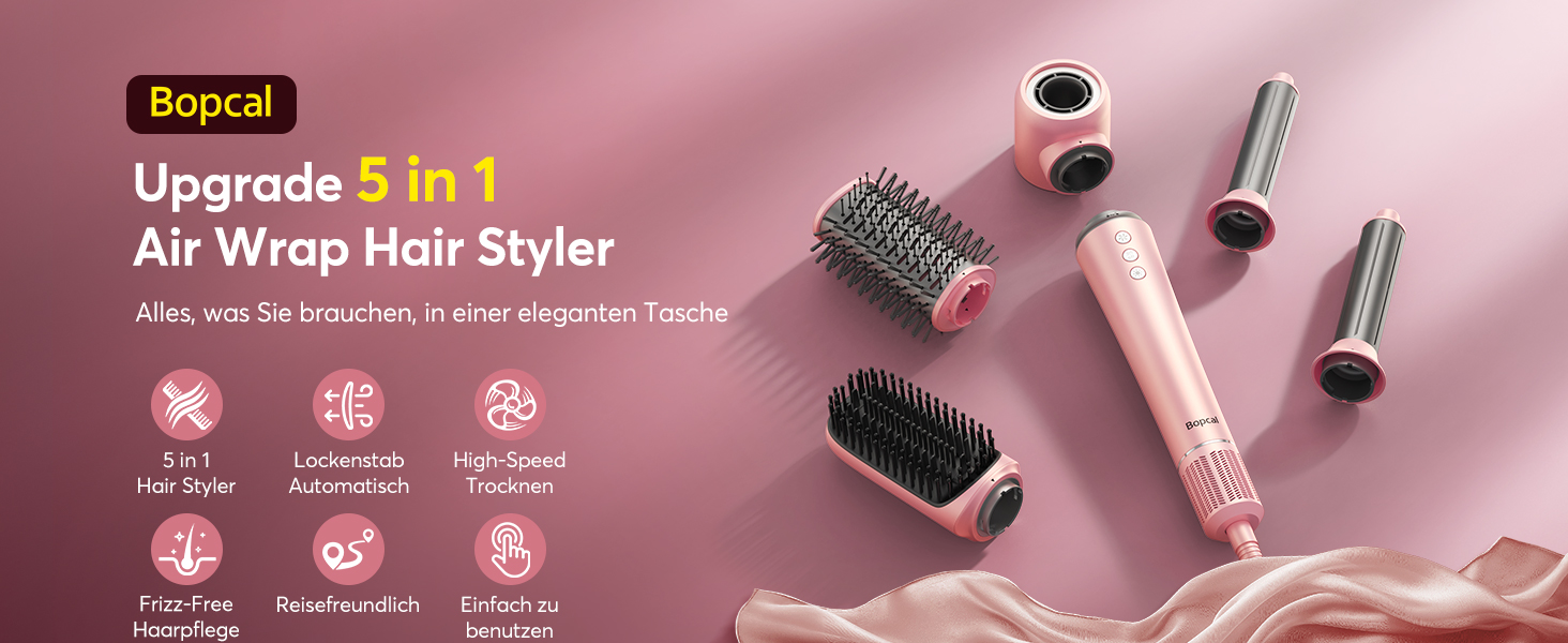 Airstyler 5-в-1: Фен-щітка, стайлер для локонів, випрямляч, сушарка, з чохлом, рожевий