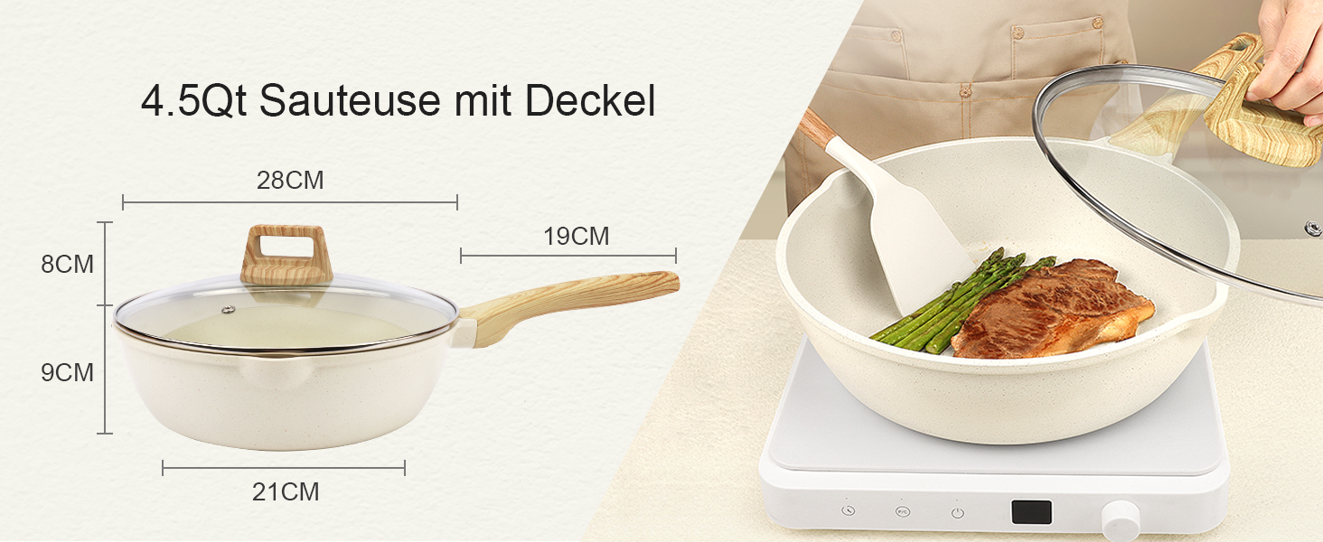 Набір посуду GiPP 10 предметів: каструлі та сковороди з гранітним покриттям, білий. Підходить для всіх типів плит, включаючи індукційні. У комплекті лопатка та ложка.