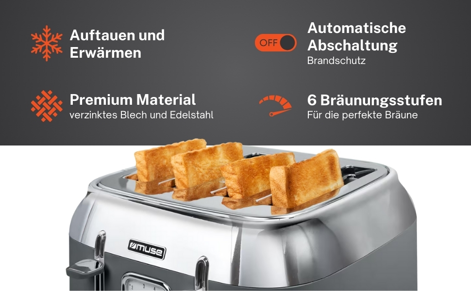 Тостер Muse MS-131 BC із нержавіючої сталі, ретро-дизайн, 4-х місний, 6 рівнів підсмажування, з підсвічуванням, з шухлядою для крихт (сірий)