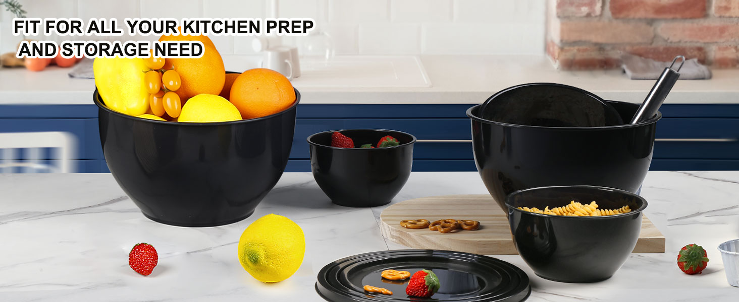 Набір салатниць з кришкою Greentainer, 10 шт. - пластикові миски для кухні, великий набір для змішування та сервірування, чорний