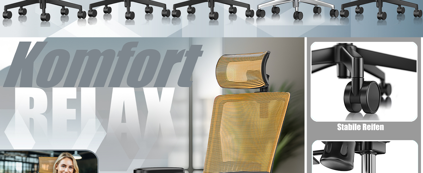 Офісне крісло KESSER® ергономічне з регульованими підлокітниками, підтримкою попереку та підголівником | Крісло для офісу з функцією гойдання до 125° та 5 колесами | Оранжево-чорний колір