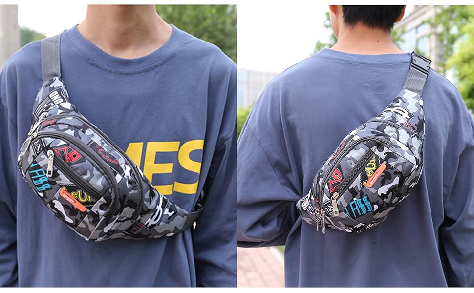 Водонепроникна поясна сумка-рюкзак камуфляжного стилю з багатьма відділеннями для чоловіків, жінок та дітей. Виготовлена з нейлону, ідеальна для бігу, спорту, подорожей та активного відпочинку.