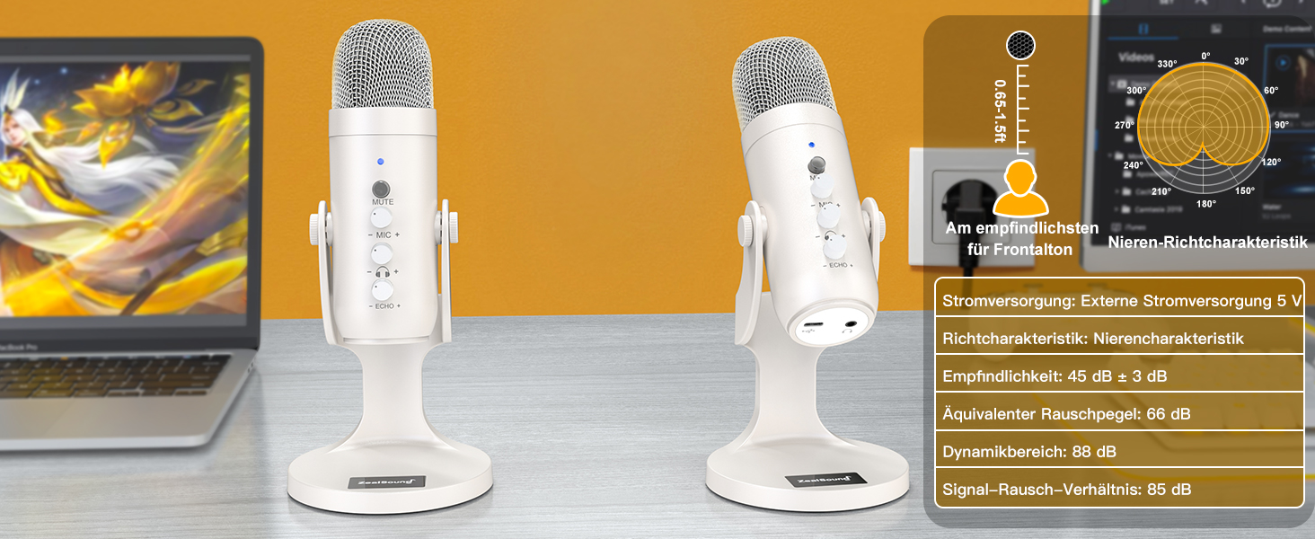 Zealsound USB мікрофон K66 Pearly White: для стрімінгу, геймінгу, YouTube, ASMR, вокалу. З шумозаглушенням, Mute, регулюванням Gain. Сумісний з PC, Mac, iPhone, Android, PS4/PS5