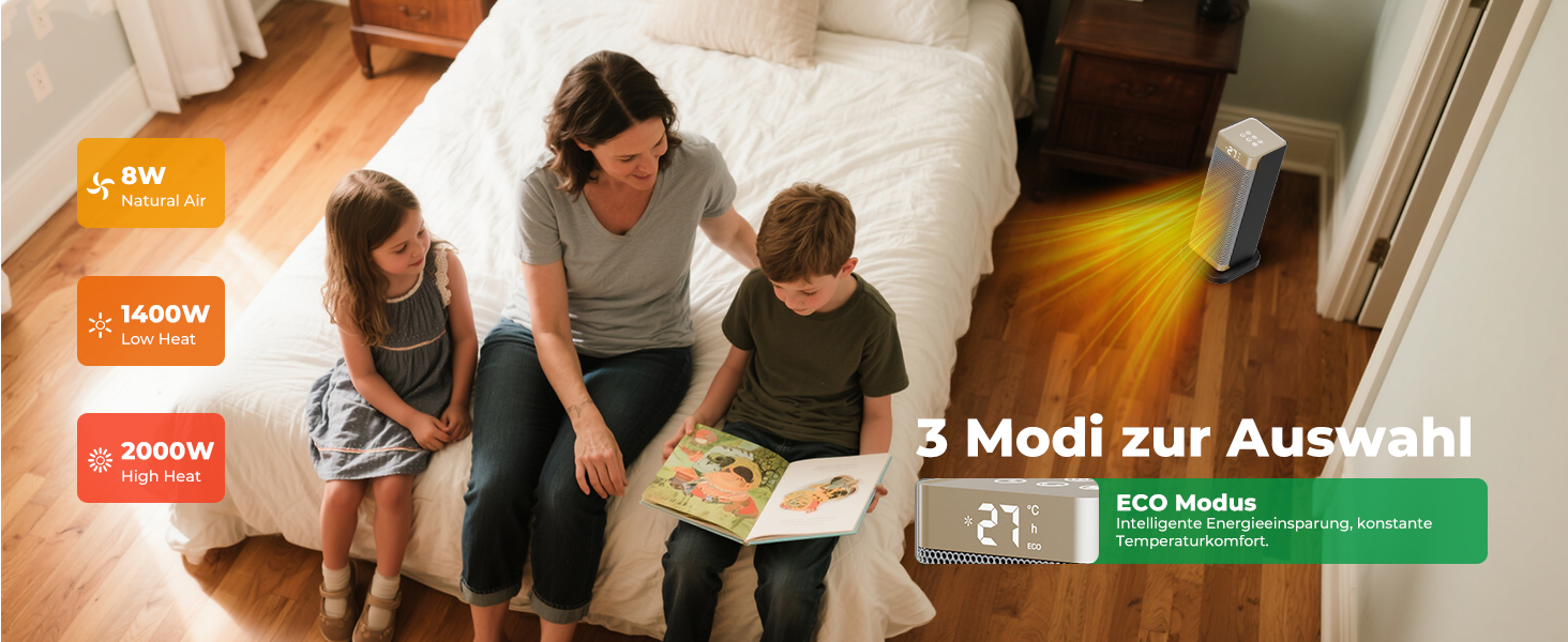 Електричний обігрівач 2000W з економним споживанням, тихий, 3 режими, PTC кераміка, швидкий нагрів, ECO режим, пульт ДУ, таймер 12H, поворот 70°, для офісу, спальні, ванної кімнати, золотий