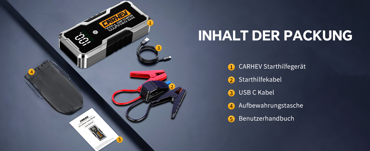 CARHEV 7000A Пусковий пристрій (Powerbank) для автомобіля 12V, для бензину/дизеля, з QC 3.0 USB, LED