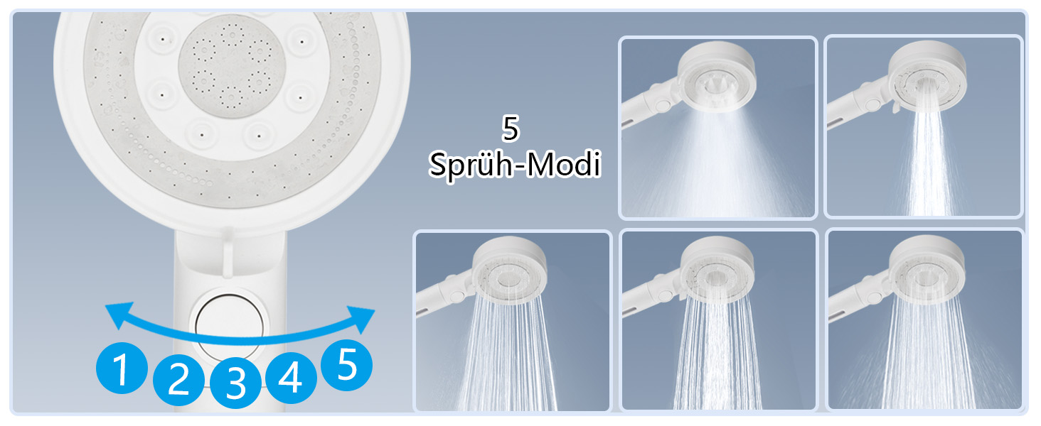 Nafall Shower Head with Filter - High-Pressure Handheld Shower Head with Water Saving Design and 1.5 M Hose, Shower Head with 5 Spray Patterns and Stop Function, Shower Head with Hose, Chrome (White)