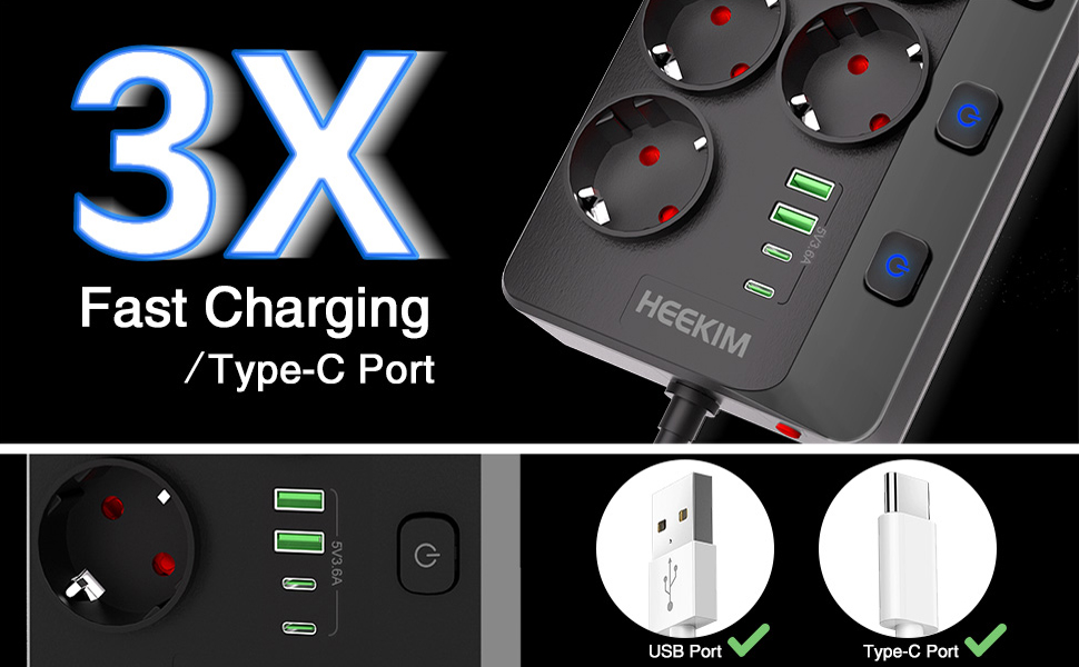 Мережевий фільтр HEEKIM з USB, 11 розеток, 2 USB-A та 2 USB-C, 4000W, 16A, з індивідуальним вимикачем, 2м кабель, для дому, школи, офісу, чорний