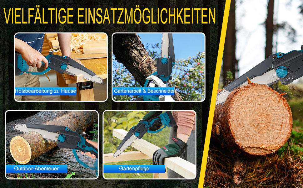 Акумуляторна міні-пила 6 дюймів (20 см) з безщітковим мотором, комплект з 2 ланцюгами 6 дюймів, 2 ланцюгами 8 дюймів, 2 направляючими плитами, 2 батареями високої ємності, для обрізки дерев та різання деревини, блакитна