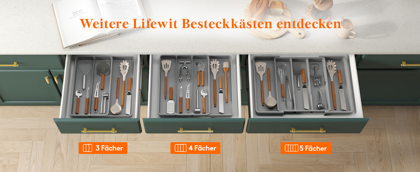 Органайзер для столових приладів Lifewit в шухляду, розширюваний 43.9 см, сірий, 40 см глибина, для кухні, ложок, ножів, лопаток