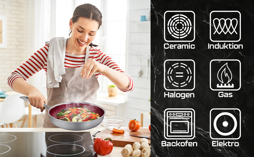 FIXLINE Black Forest Frying Pan - 28cm - RED Design - Scratch-Resistant Coating - PTFE-Free - Compatible with All Cooktops (including Induction) - Oven Safe up to 250°C - Easy Cleaning - Ideal Gift