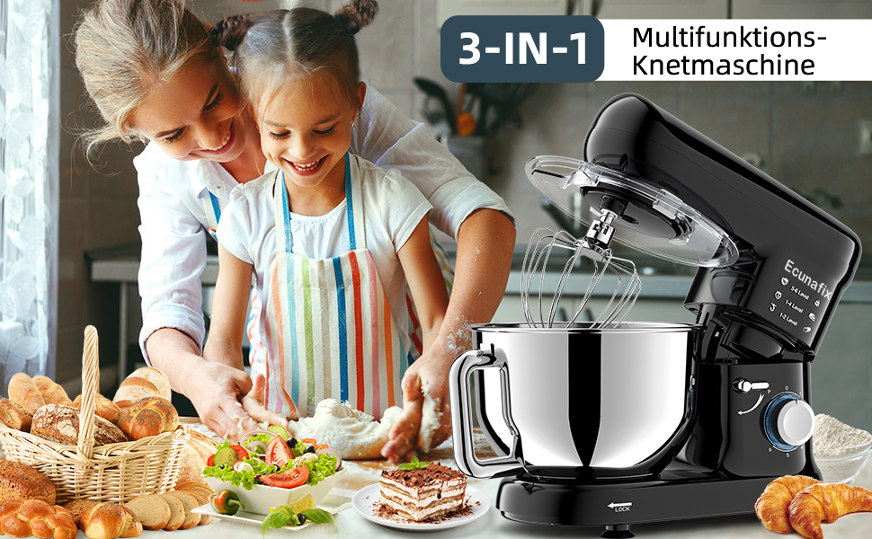 Кухонна машина-міксер з чашею 6.5л з нержавіючої сталі, 2000W, 6 швидкостей, для тіста та міксування, з набором насадок (вічорник, гак для тіста, вінчик) та захистом від бризок, чорна