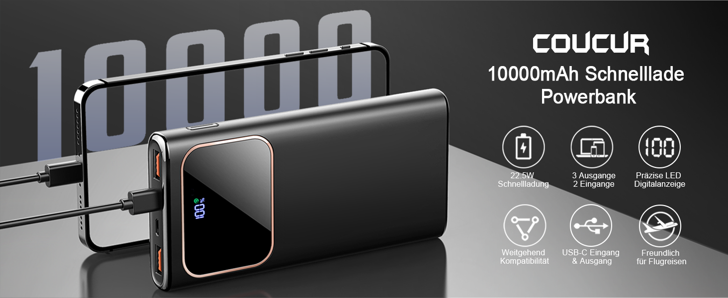 Power Bank 10000mAh з USB-C, 22,5W PD3.0 та QC4.0, для iPhone, Android, LED-індикатор