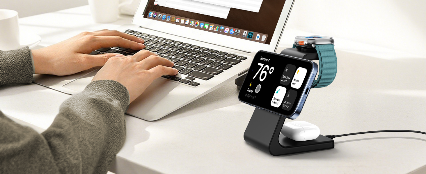 Зарядний пристрій GEEKERA 3 в 1 з підтримкою Qi2, 15W, для iPhone, Apple Watch, AirPods, чорний