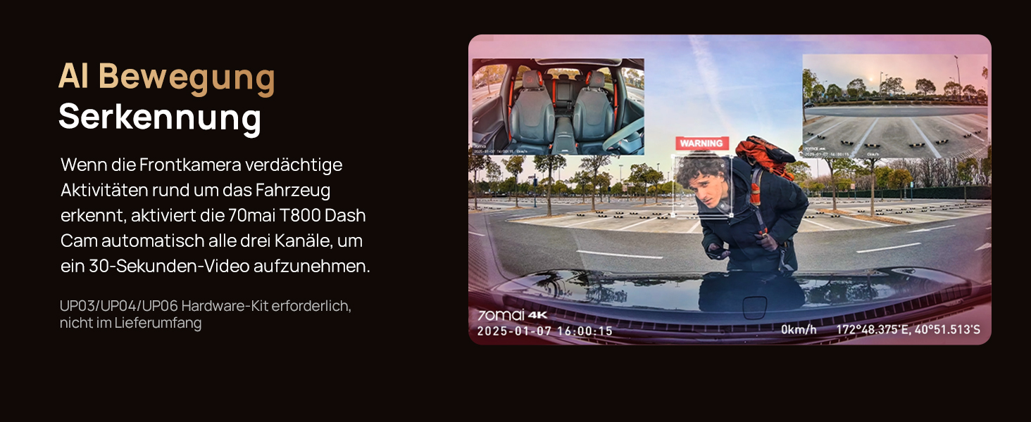 3-канальний автомобільний відеореєстратор 70mai T800E 4K (Передня, Задня, Салонна камери), HDR, ІЧ нічний режим, 24ГД нагляд, GPS, WiFi 6, Суперконденсатор, 64GB SD карта