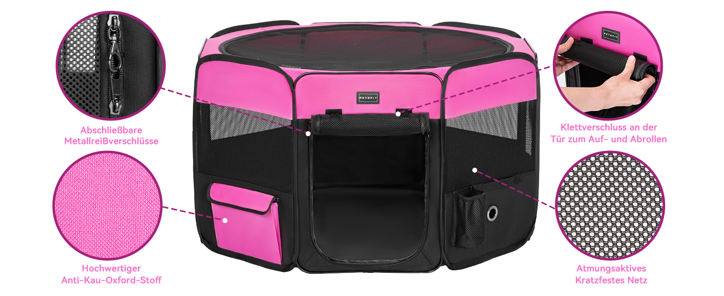 Вольєр для цуценят та дрібних тварин PETSFIT: розкладний, з водонепроникним дном, сірий/зелений (M, Рожево-чорний)
