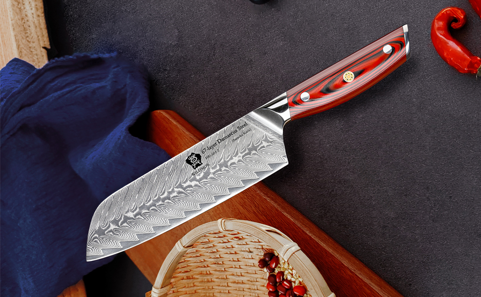 Японський ніж Santoku WILDMOK з дамаської сталі, 17.8 см, професійний для м'яса та овочів, VG10 сталь, Full Tang, G10 рукоятка, серія Song