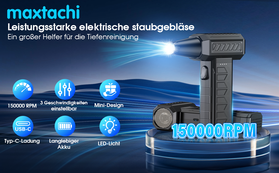Електричний пилосос-фен Maxtachi з LED-підсвічуванням, 3 швидкості, 150000 об/хв, акумулятор 6000mAh, комплект для чищення ПК, клавіатури та авто