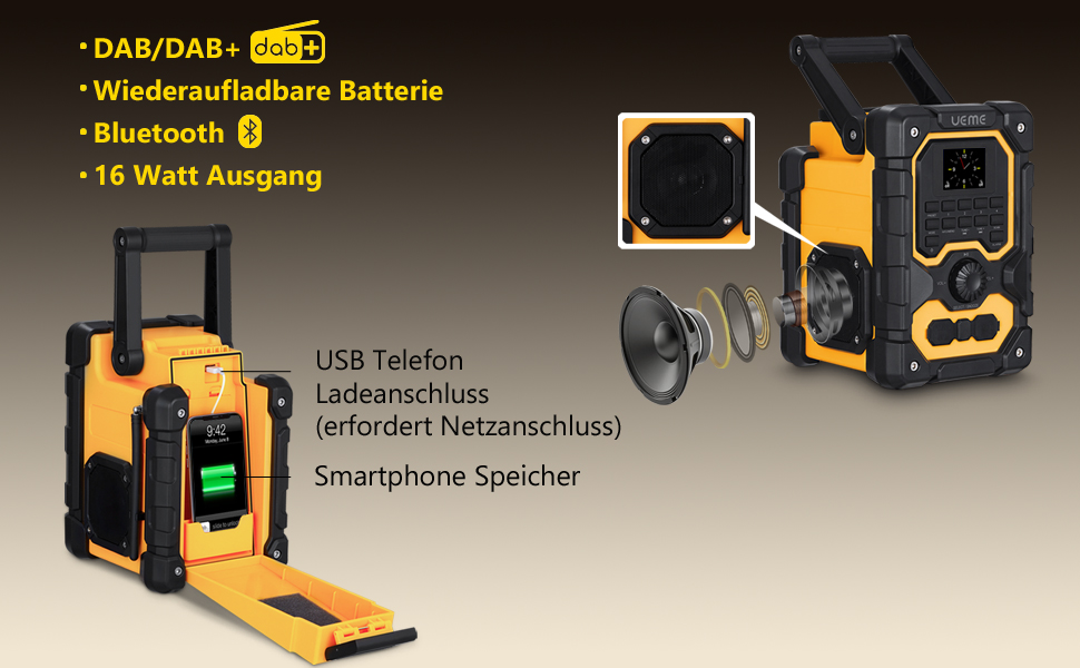 Радіо для будівельного майданчика DAB+ FM з Bluetooth 5.0, 16W стерео, акумулятор 8000mAh (18h), USB зарядка, Aux, вологозахист, пилозахист (жовто-чорне)