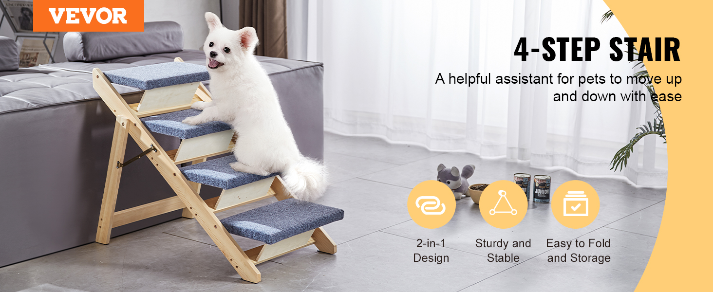 Дерев'яна сходинка для домашніх тварин VEVOR, 2-в-1, складана, для собак та котів, 4 сходинки, до 68 кг