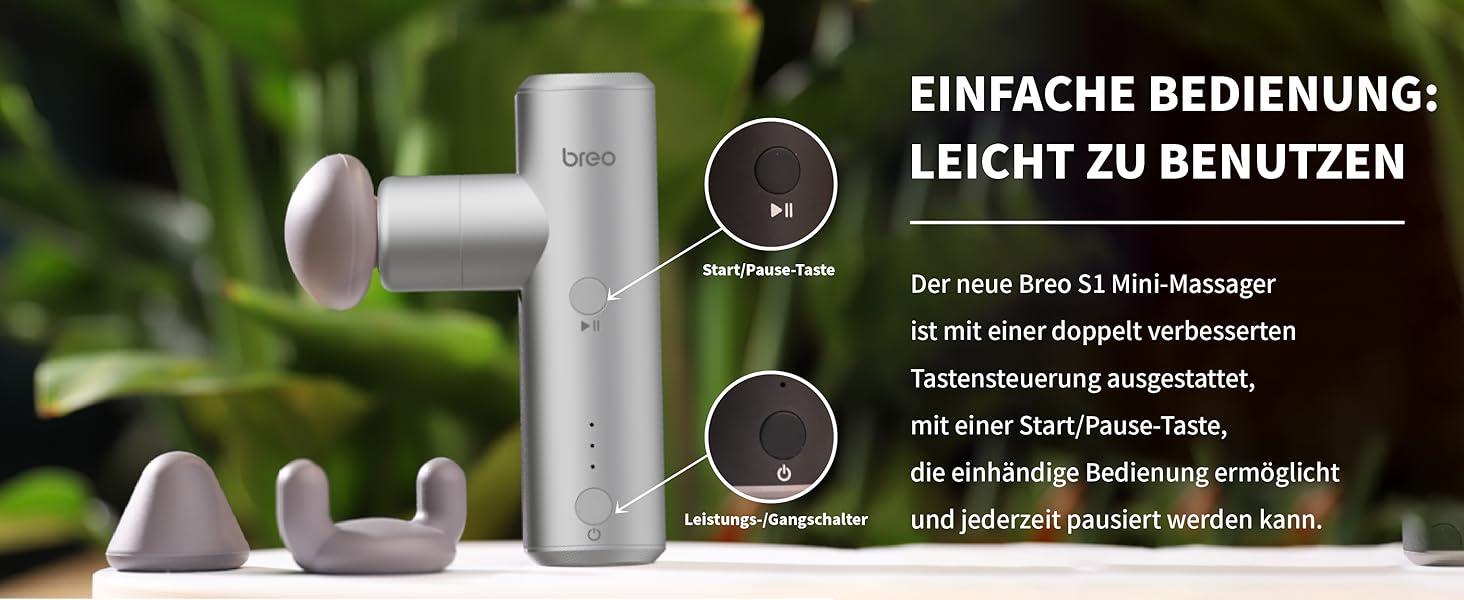 Масажер Breo S1 Mini: портативний масажний пістолет з 4 насадками, USB-C, срібний