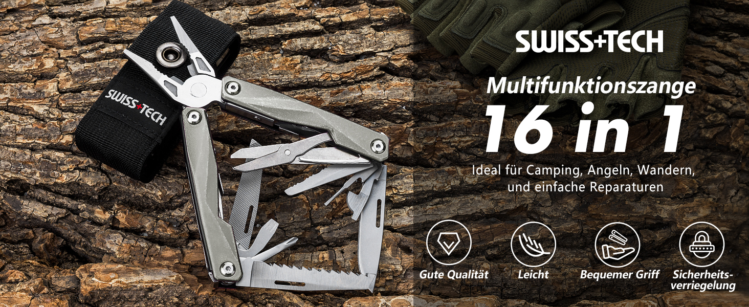 Мультитул Swiss+Tech 16-в-1: мультиінструмент з нержавіючої сталі з ножем, пилкою, ножицями, відкривачкою для пляшок, для кемпінгу, відпочинку на природі, ремонту, з чохлом, вінтажний зелений (ретро-сірий)