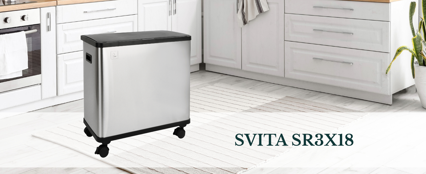 Сміттєвий бак сенсорний SVITA SR2X30 для кухні, 60л, 2 відділення, сріблястий, з коліщатками та внутрішніми відрами