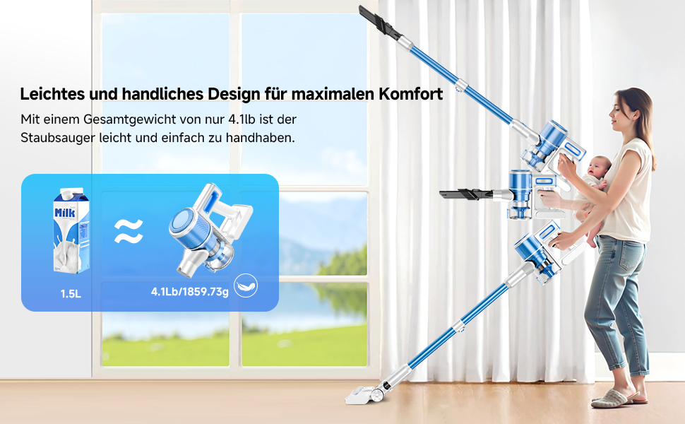 Бездротовий акумуляторний пилосос 35KPA/45Mins з LED-підсвічуванням, HEPA-фільтром та потужною насадкою для твердих підлог, килимів та шерсті тварин (Блакитний)