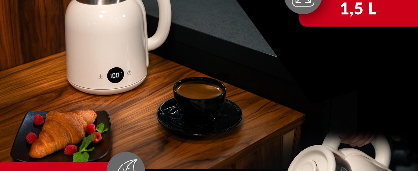 Електричний чайник LEHMANN з регулюванням температури 40-100°C, 1,5L, функцією підігріву, швидким нагріванням, LED-дисплеєм, нержавіючою сталлю, автовимкненням та захистом від перегріву, BPA-free, кремовий