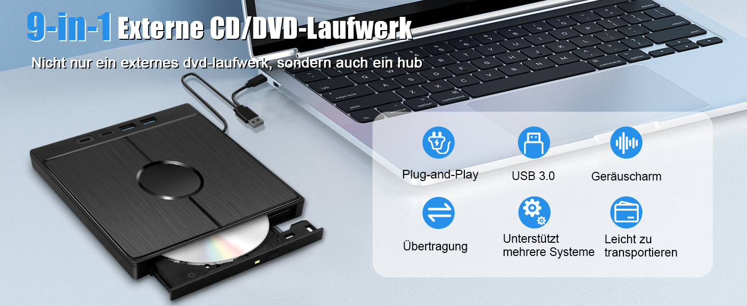 Зовнішній CD/DVD привід USB 3.0 Type-C з картридером SD/TF, портативний CD/DVD записувач для ноутбука, ПК, MacBook (Windows, macOS, Linux)