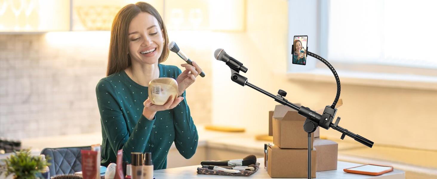 Підставка для мікрофона GUITTO з двома тримачами для смартфона/планшета, регульований кріплення, важка основа, для стрімінгу, подкастів, запису та живих виступів (GMS-04)