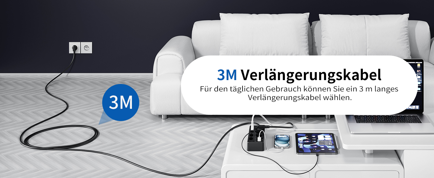 Мережевий фільтр Sameriver 8-фазний з захистом від перенапруги, 3 USB, вимикач, кабель 3M, чорний