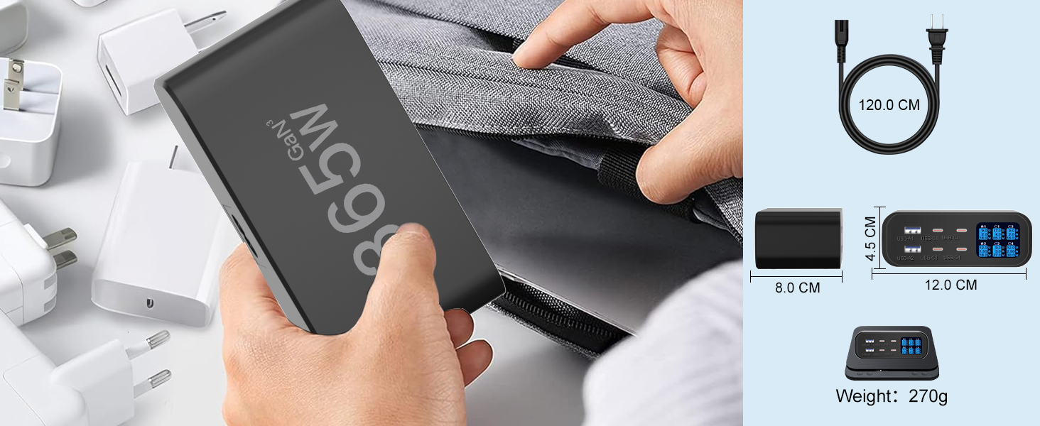 Зарядний пристрій USB-C 365W YSYFAD з 6 портами, PD 100W, QC 3.0, LED індикатор - для MacBook, ноутбуків, iPhone, iPad (Чорний)