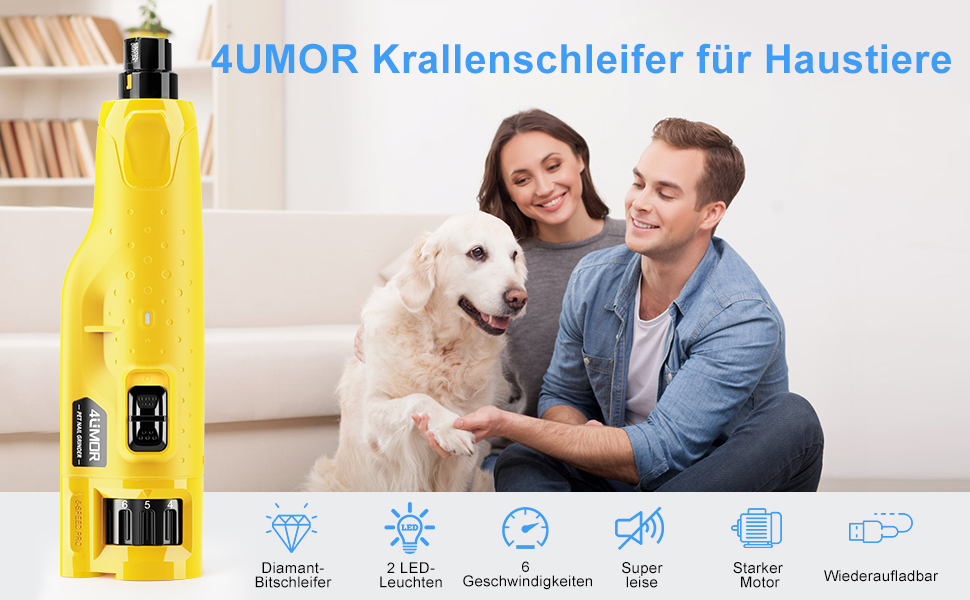 Шліфувальник для собак 4UMOR з 6-ма рівнями та 2 LED-лампами - безпечний та ефективний догляд за кігтями для собак великих, середніх та маленьких порід