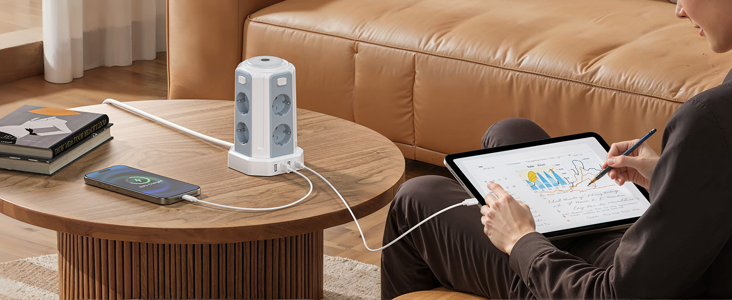 Многофункціональна мережева розетка з 8 розеток, 4 USB-портами та світлом, захист від перенапруги, 2м кабель, 16А, білий