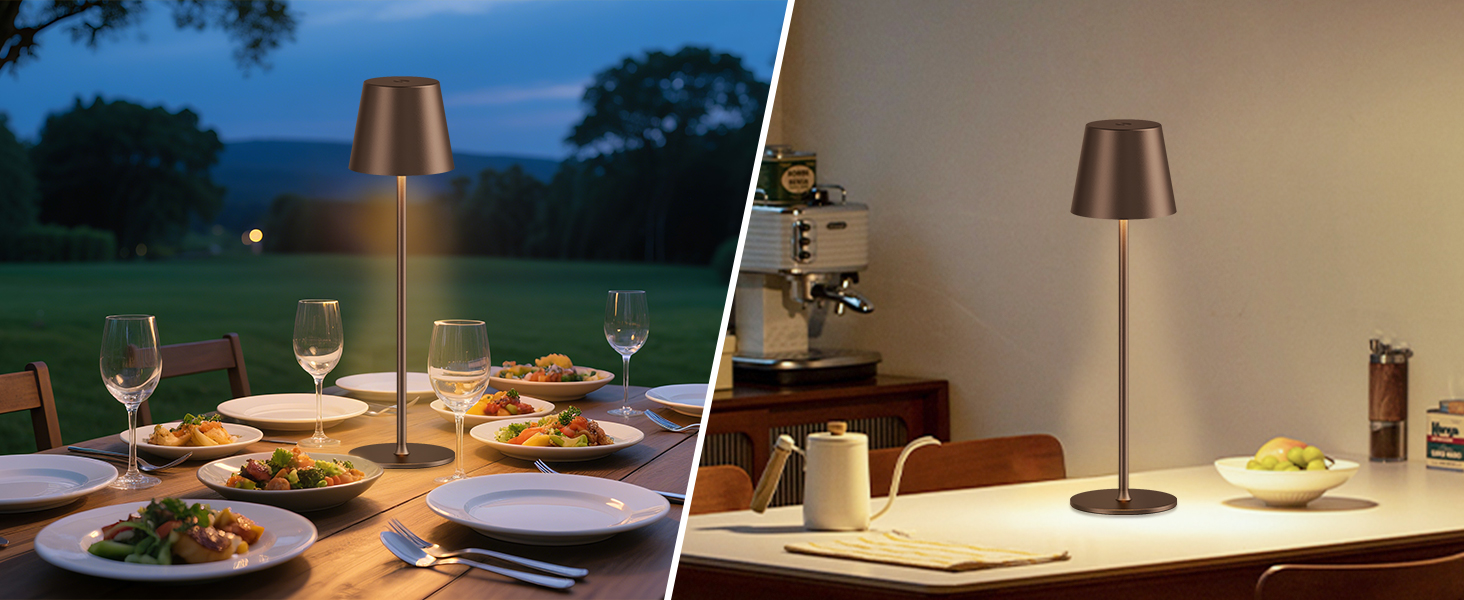 Акумуляторна LED настільна лампа бездротова з USB-C зарядкою, регульована яскравість, 3 режими світла, коричнева. Для дому, офісу, кемпінгу.