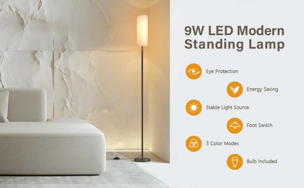 Світлодіодна торшерна лампа 9W з регулюванням яскравості, 3 колірні температури, тканинний абажур, вимикач на нозі, вінтажний дизайн, сірий колір