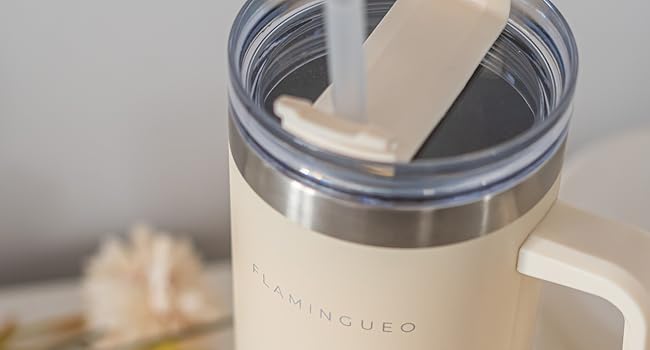 Термокружка з трубочкою Flamingueo - термос, сталева термокружка з ручкою, 1.18L, блакитний (бежевий), зберігає холод 24г, гаряче - 10г