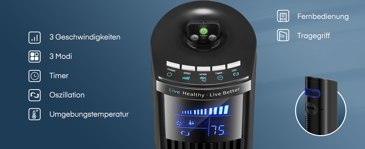 Безлопатевий вентилятор FOHERE, 91 см, з пультом керування, таймером та режимом сну, чорний