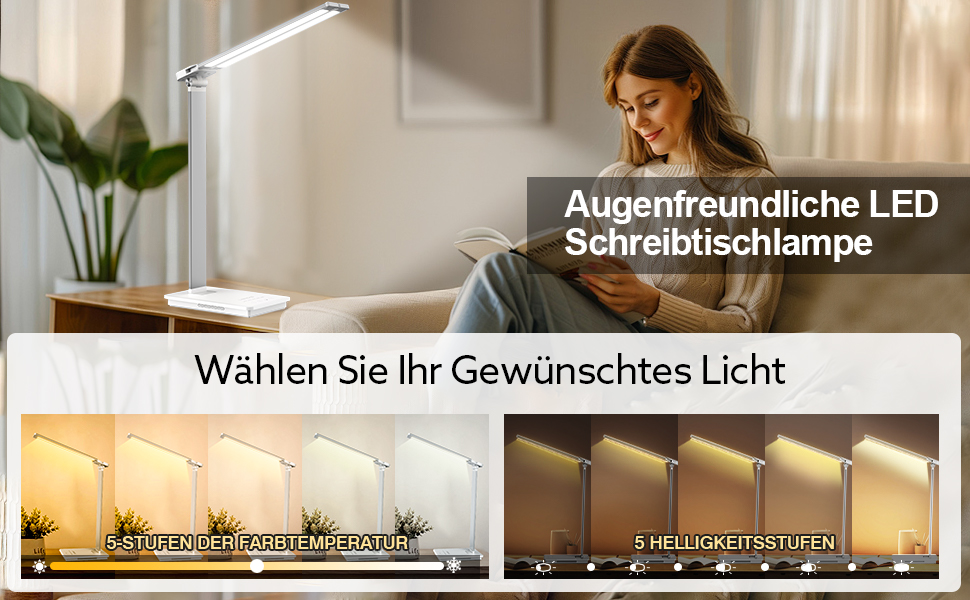 Лампа настільна LED LENDO з двома головками, регульована яскравість 700 люмен, 5 рівнів регулювання, 5 кольорових режимів, USB-порт для зарядки та вбудований акумулятор 2000mAh, для дітей, спальні, читання (срібна)