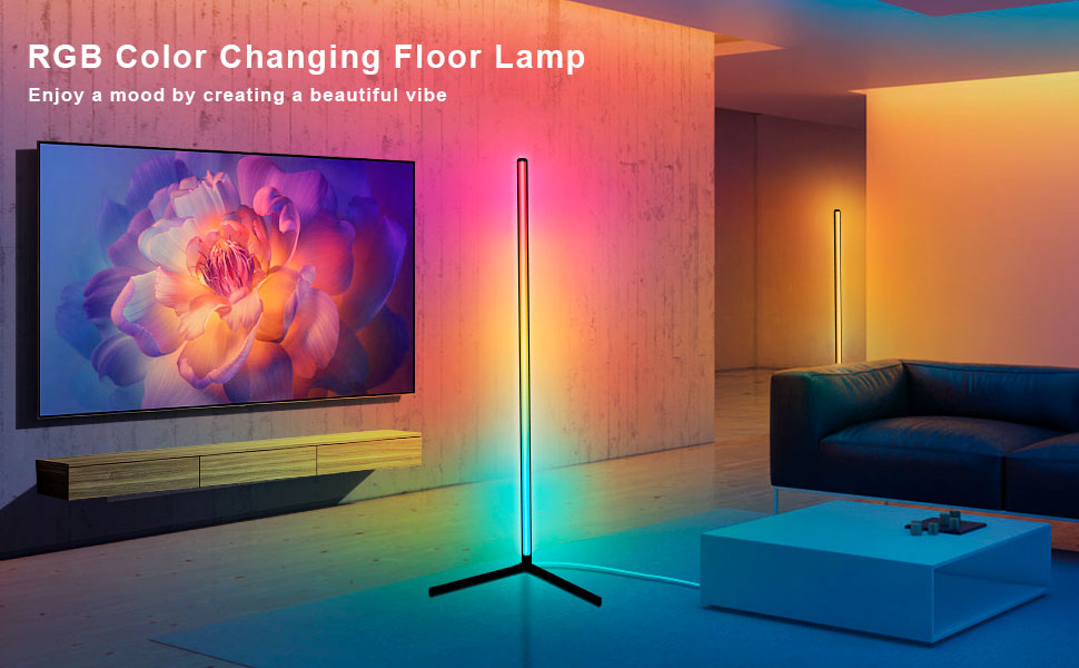LED-підлогова лампа DeeprBling для вітальні, 165 см, кутова RGB, з регулюванням яскравості, пультом та додатком, 16 мільйонів кольорів, музичні режими, DIY-режим та таймер для спальні, ігрової кімнати, офісу, читального залу. Трикутна основа.