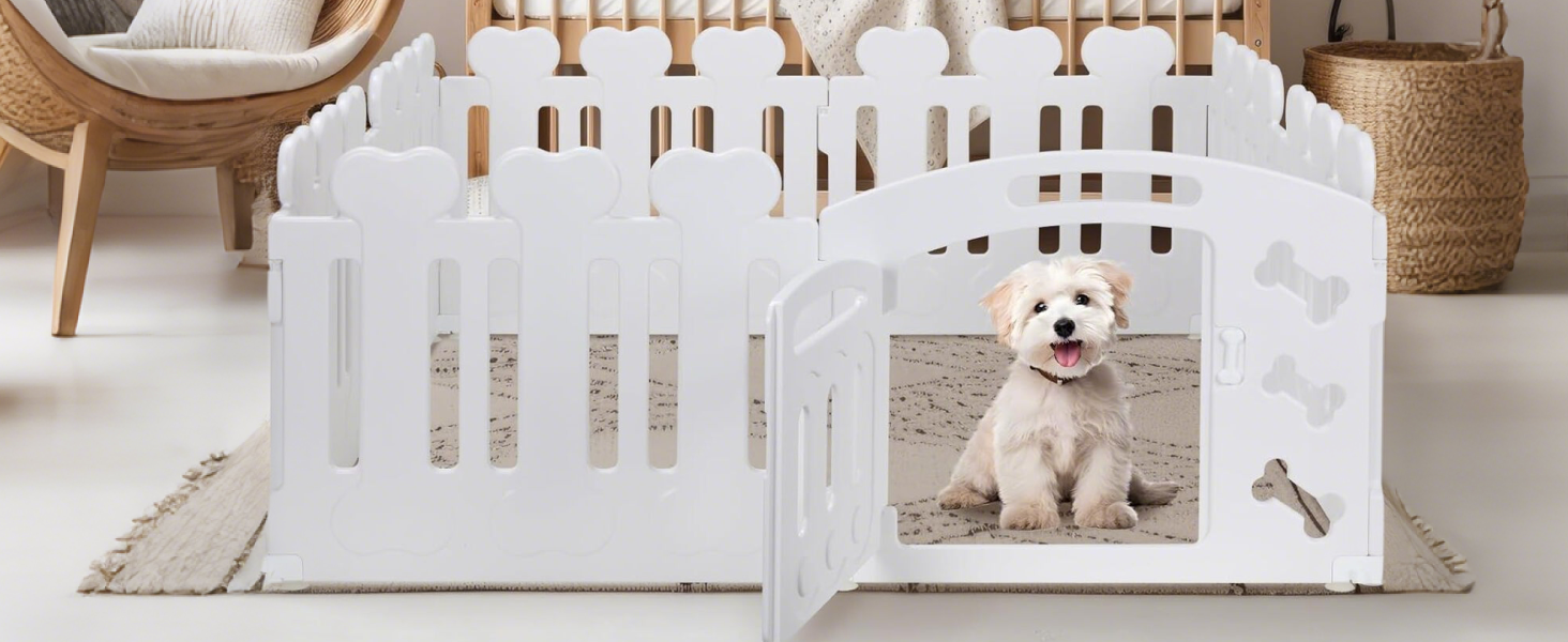 Льох для цуценят MAMIZO 60 см, огорожа для собак з пластикових панелей, портативна сітка для собак, загородження для собак з воротами, включає присоски та ґрунтові анкери, вольєр для собак для дому та вулиці (7+1, білий)