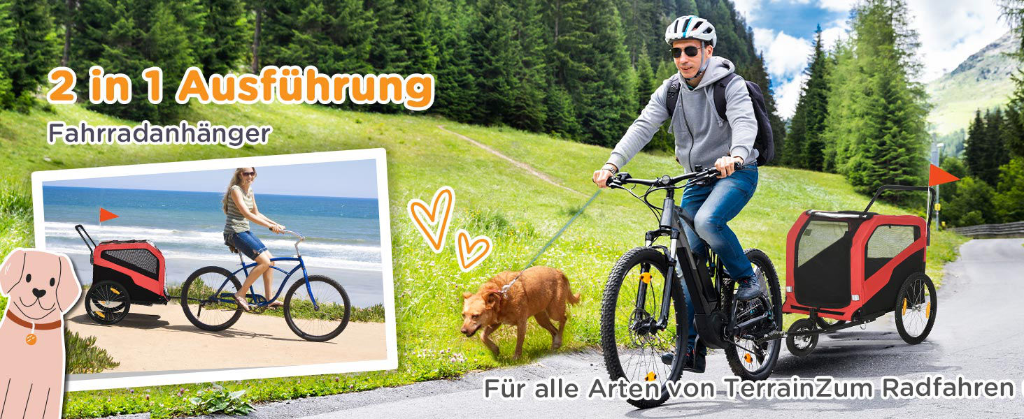 PawHut 2-в-1: Причіп для собак, велосипедний причіп для собак, візок для собак з відбивачами, до 30 кг, для великих собак, Oxford-тканина (Червоний)