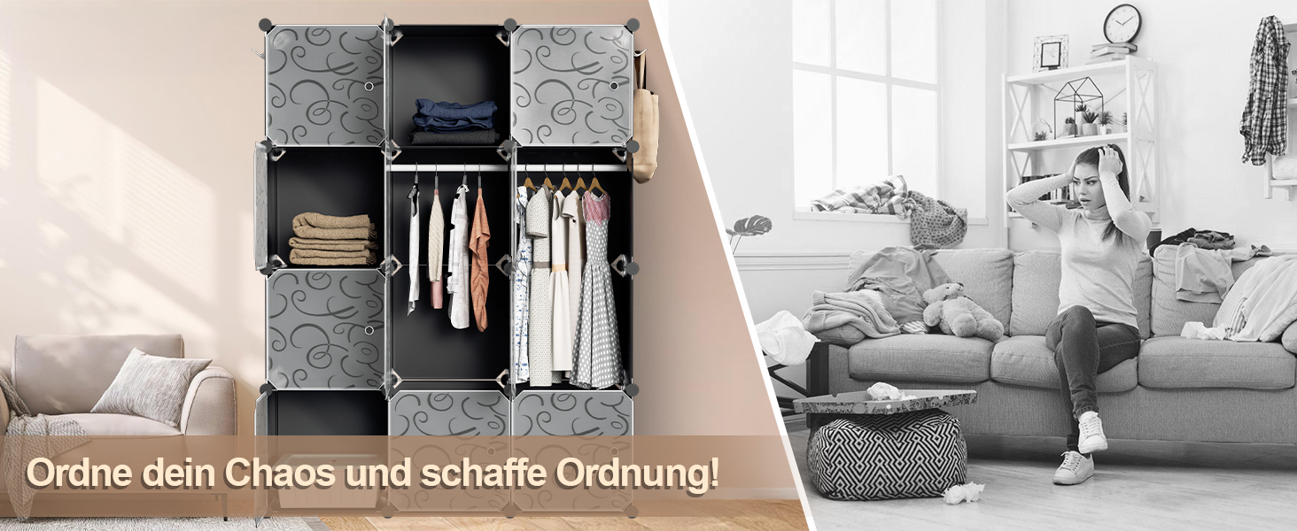 DIY Closet Shelf System, 16 Cubes Wardrobe Closet, Open Wardrobe, Plastic Wardrobe with Doors, Wardrobe Cabinet, Black, 180 x 142 x 37CM (Black 12 Cubes with Clothes Hooks)