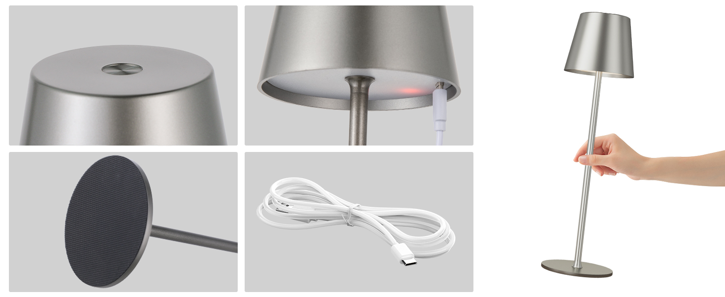 Акумуляторна LED настільна лампа бездротова з USB-C зарядкою, регульованою яскравістю та 3 режимами освітлення (сіра)